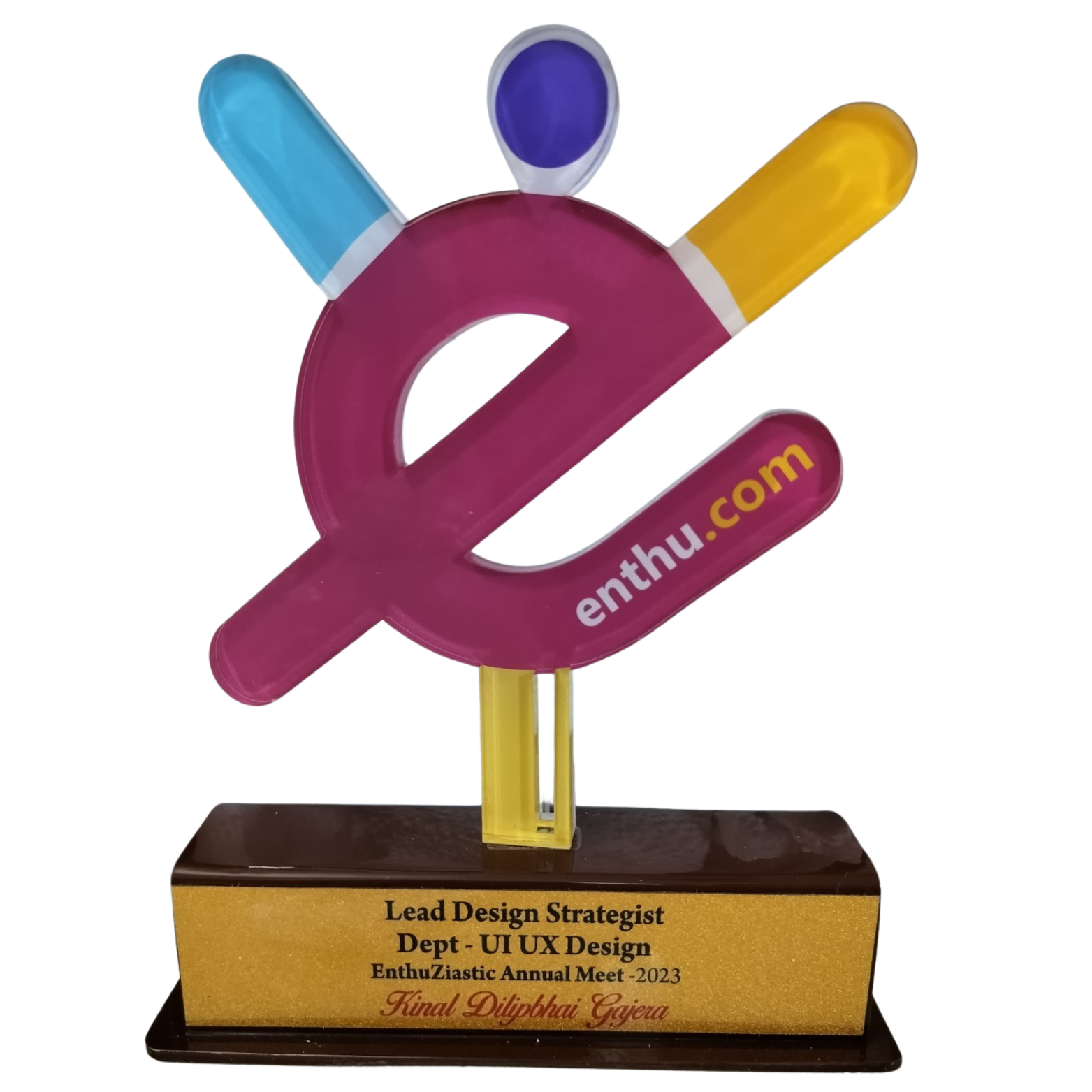 Lead Design Strategist Award Trophy received by Kinal Gajera from Enthuziastic in 2023