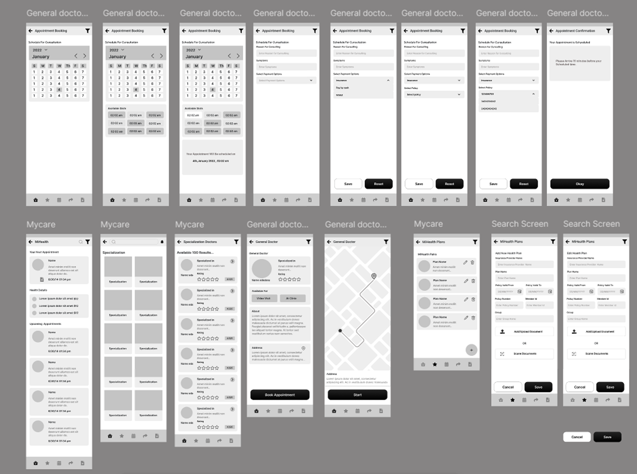 MyCare app wireframes